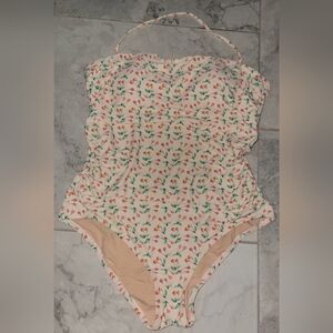 J by J. Crew Cherry Print One Piece Swimsuit‎ Sz Large Ruched Sides